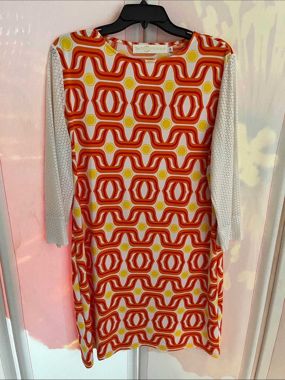 Tracy Negoshian Orange, Yellow & White Geometric Long Sleeve Shift Dress